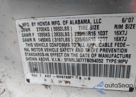2007 Honda Odyssey Ex-L z USA, uszkodzony, nr VIN 5FNRL38777B094052
